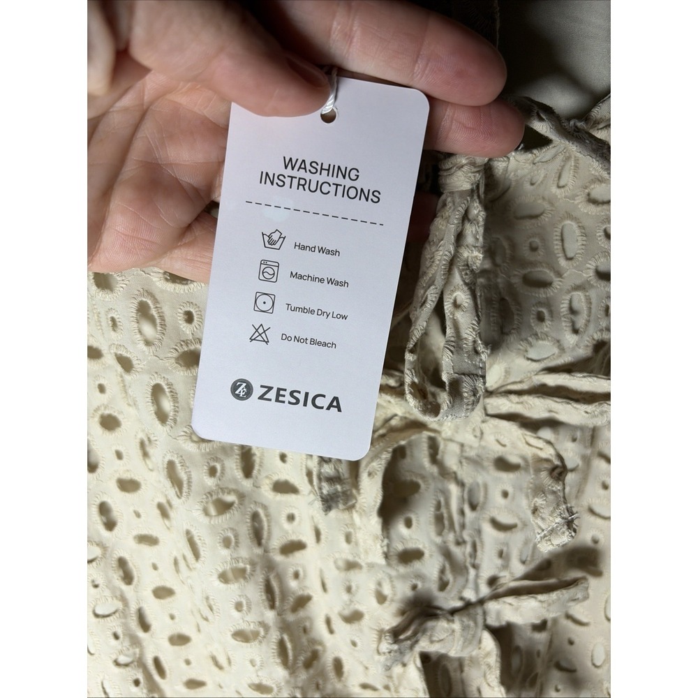 NWT Beige Zesica Long Sleeve Mini Babydoll Dress Tie Front‎ Eyelet, Large - Picture 5 of 9